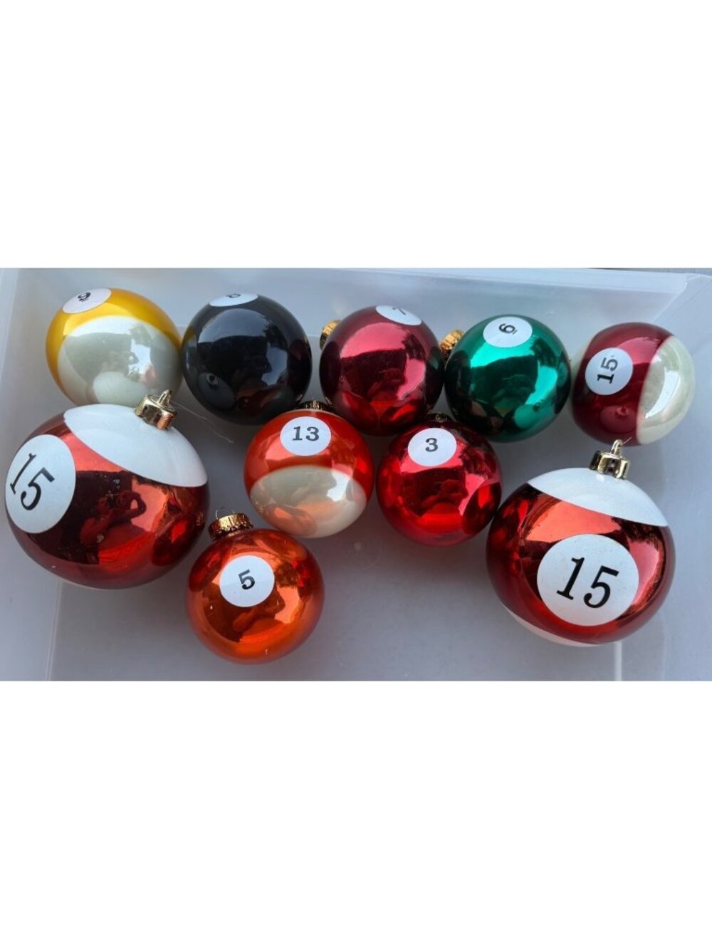 10-pc. Billiard Glossy Metallic Christmas Ball Ornaments 2.5/3.25" Tall (READ)